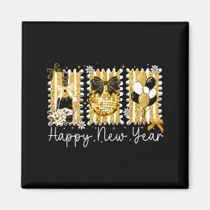 Happy New Year 2026 Gold Coquette Bow Disco Ball C Magnet