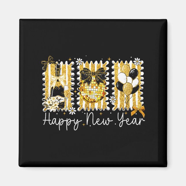 Happy New Year 2026 Gold Coquette Bow Disco Ball C Magnet (Front)