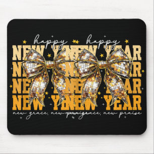 Happy New Year 2026 Gold Coquette Bow Disco Ball C Mouse Pad