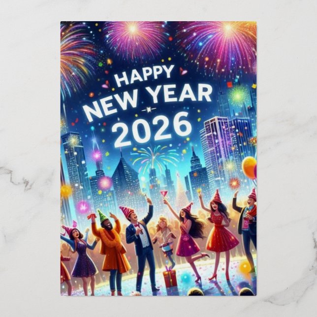 Happy New Year 2026 Gold Fireworks Foil Holiday Ca (Front)