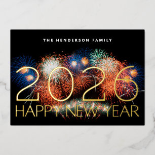 HAPPY NEW YEAR 2026 GOLD FIREWORKS PHOTO BACK FOIL HOLIDAY CARD