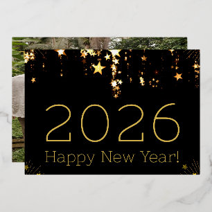 HAPPY NEW YEAR 2026 GOLD STARS FAMILY PHOTO BACK FOIL HOLIDAY CARD