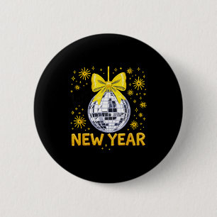 Happy New Year 2026 Golden Disco Ball Bow New Year 2 Inch Round Button