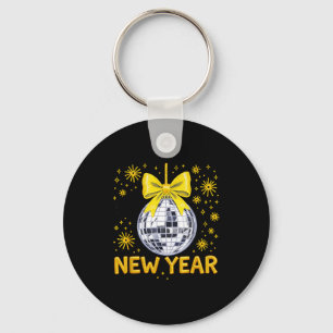 Happy New Year 2026 Golden Disco Ball Bow New Year Keychain