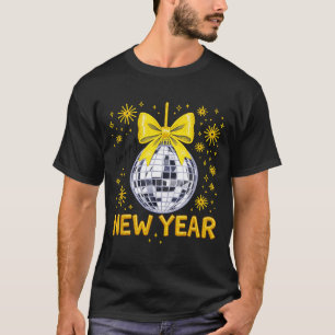 Happy New Year 2026 Golden Disco Ball Bow New Year T-Shirt