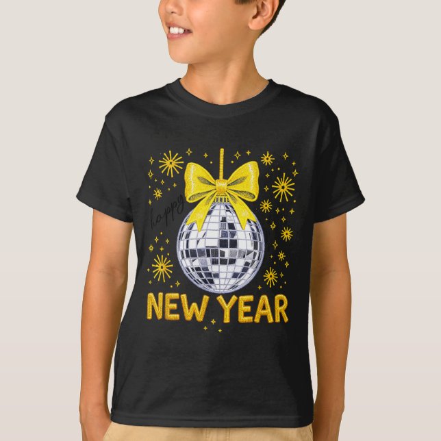 Happy New Year 2026 Golden Disco Ball Bow New Year T-Shirt (Front)