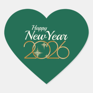Happy New Year 2026 Heart Sticker Elegant Green 