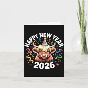 Happy New Year 2026 Highland Cow & Party Hat N Card