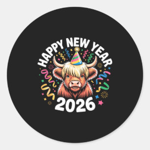 Happy New Year 2026 Highland Cow &amp; Party Hat N Classic Round Sticker