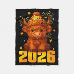 Happy New Year 2026 Highland Cow &amp; Party Hat N Fleece Blanket