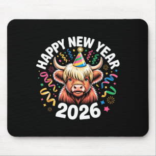 Happy New Year 2026 Highland Cow & Party Hat N Mouse Pad