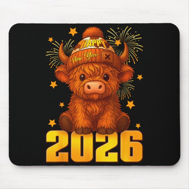 Happy New Year 2026 Highland Cow &amp; Party Hat N Mouse Pad (Front)