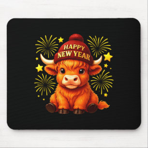 Happy New Year 2026 Highland Cow & Party Hat N Mouse Pad