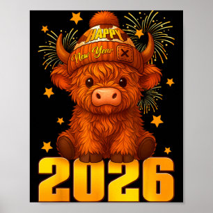 Happy New Year 2026 Highland Cow &amp; Party Hat N Poster