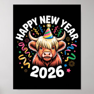 Happy New Year 2026 Highland Cow & Party Hat N Poster
