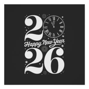 Happy New Year 2026 Midnight Clock Countdown Poster