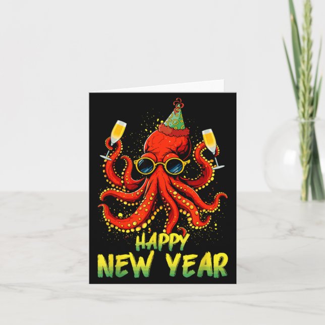 Happy New Year 2026 Octopus Drinking Champagne New Card (Front)