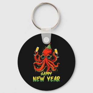 Happy New Year 2026 Octopus Drinking Champagne New Keychain