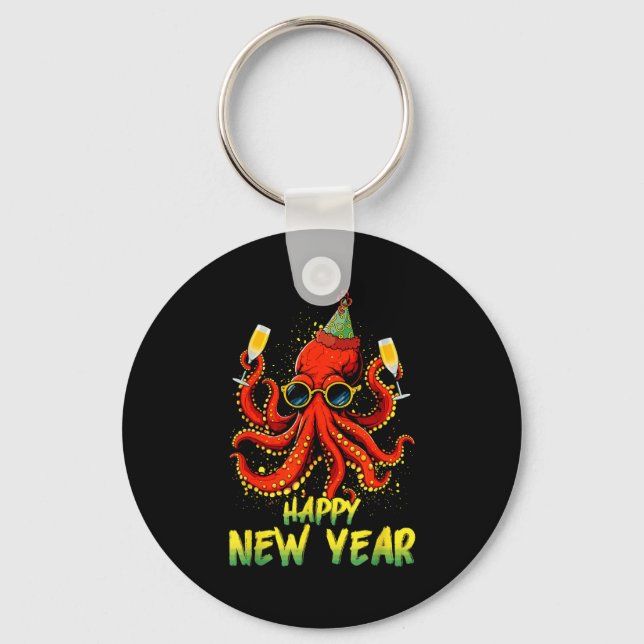 Happy New Year 2026 Octopus Drinking Champagne New Keychain (Front)