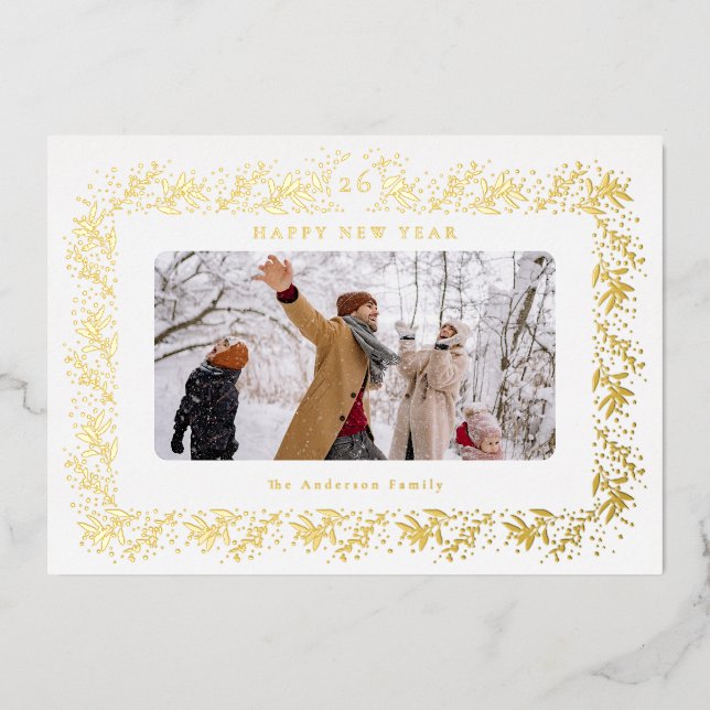 Happy New Year 2026 Photo Gold Botanical Frame  Foil Holiday Card (Front)