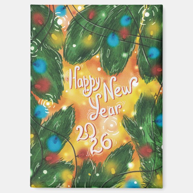 Happy New Year 2026 Pine Branches & Lights Magnet (Front)