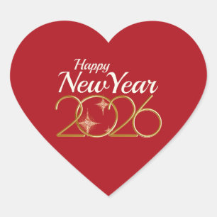 Happy New Year 2026 Red & Gold Festive Design Heart Sticker