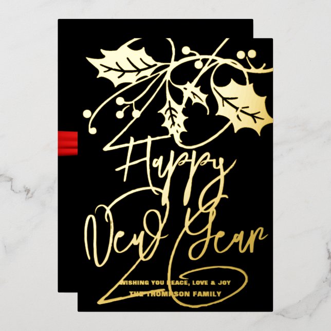 Happy New Year 2026, red ribbon Foil Holiday Card (Front/Back)