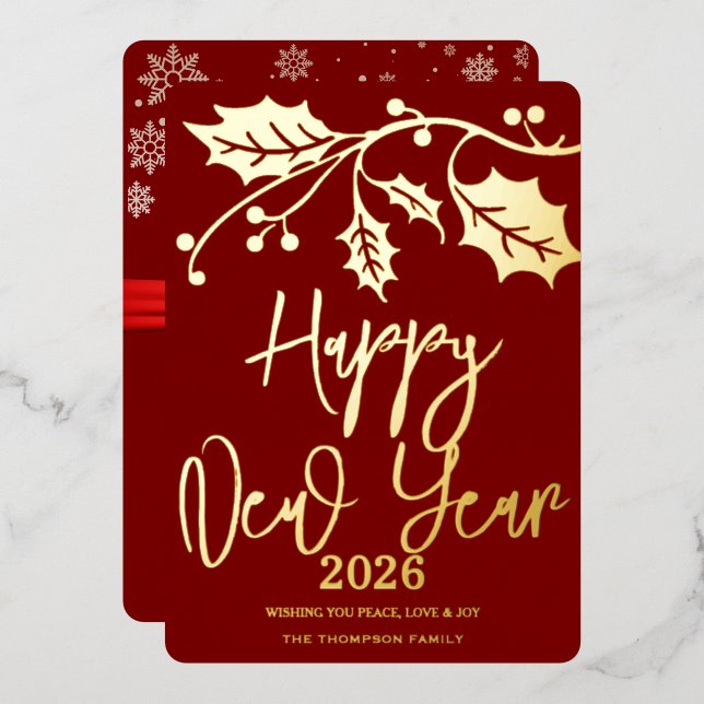 Happy New Year 2026, red ribbon Foil Holiday Card (Front/Back)