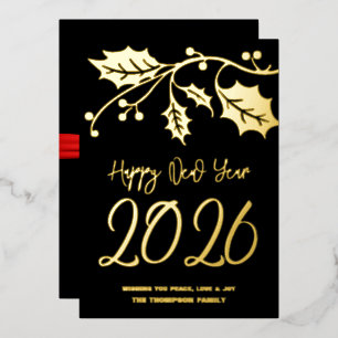 Happy New Year 2026, red ribbon Foil Holiday Card