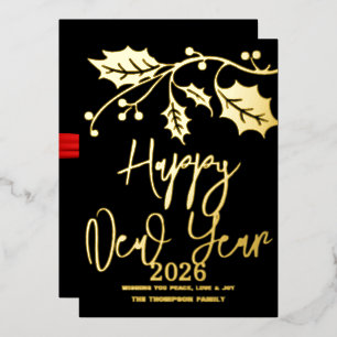 Happy New Year 2026, red ribbon Foil Holiday Card