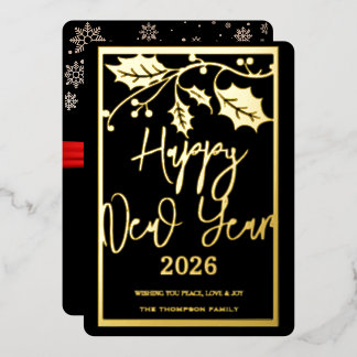 Happy New Year 2026, red ribbon Foil Holiday Card