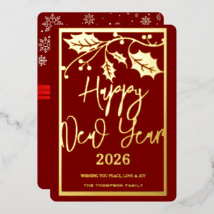 Happy New Year 2026, red ribbon Foil Holiday Card