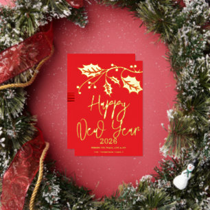 Happy New Year 2026, red ribbon Foil Holiday Card