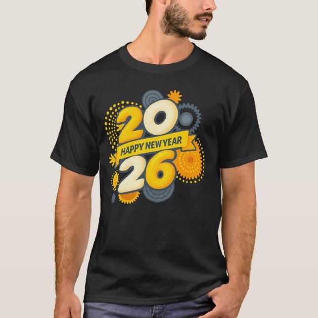  Happy New Year 2026 Retro Gear Burst Tee (Front)