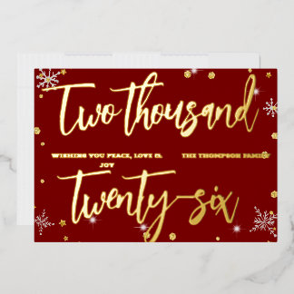 Happy New Year 2026 Retro Red Ribbon Foil Holiday Card
