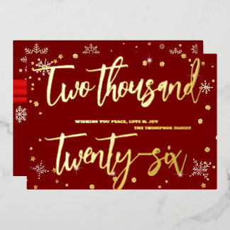 Happy New Year 2026 Retro Red Ribbon Foil Holiday Card