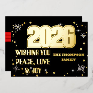 Happy New Year 2026 Retro Red Ribbon Foil Holiday Card