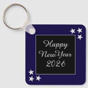 Happy New Year 2026 Silver Stars Black and Blue Keychain