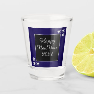 Happy New Year 2026 Silver Stars Black and Blue Shot Glass