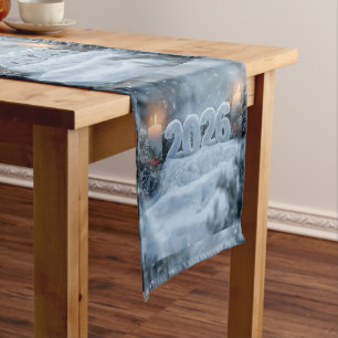 happy new year 2026 snowy pine table short table runner
