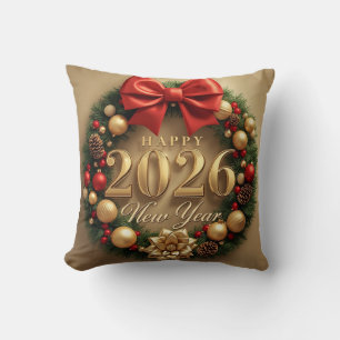 happy new year 2026 warm wreath throw pillow