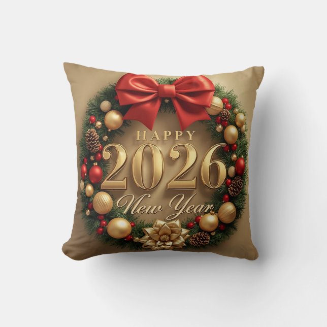 happy new year 2026 warm wreath throw pillow (Front)