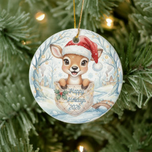 Happy New Year 2026 with cute Deer Ceramic Ornament