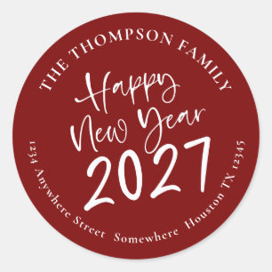 Happy New Year 2027 Script Return Address Burgundy Classic Round Sticker