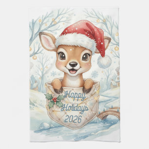 Happy New Year 2027 with Santa Deer Kitchen Towel