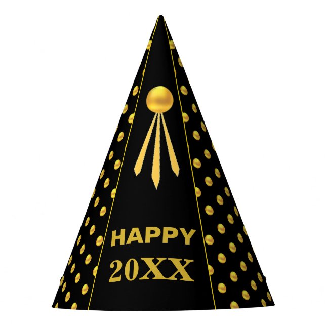Happy New Year 20XX, Gold Dots on Black Party Hat (Front)