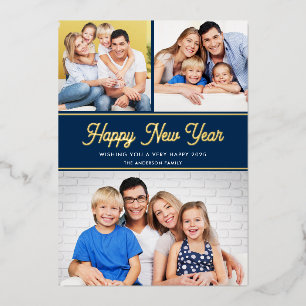 Happy New Year 3 Photos Dark Blue Gold Foil Holiday Card