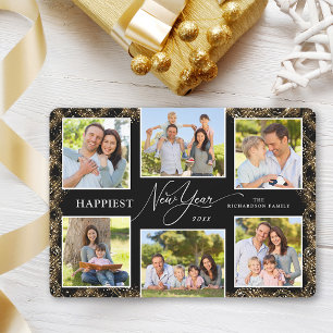 Happy New Year 6 Photos Faux Glitter Holiday Card