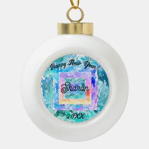 Happy New Year Abstract Art Family  Ceramic Ball Christmas Ornament