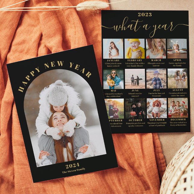 Happy New Year arch year in review 13 photos black Holiday Card (Happy New Year arch year in review 13 photos black Holiday Card)